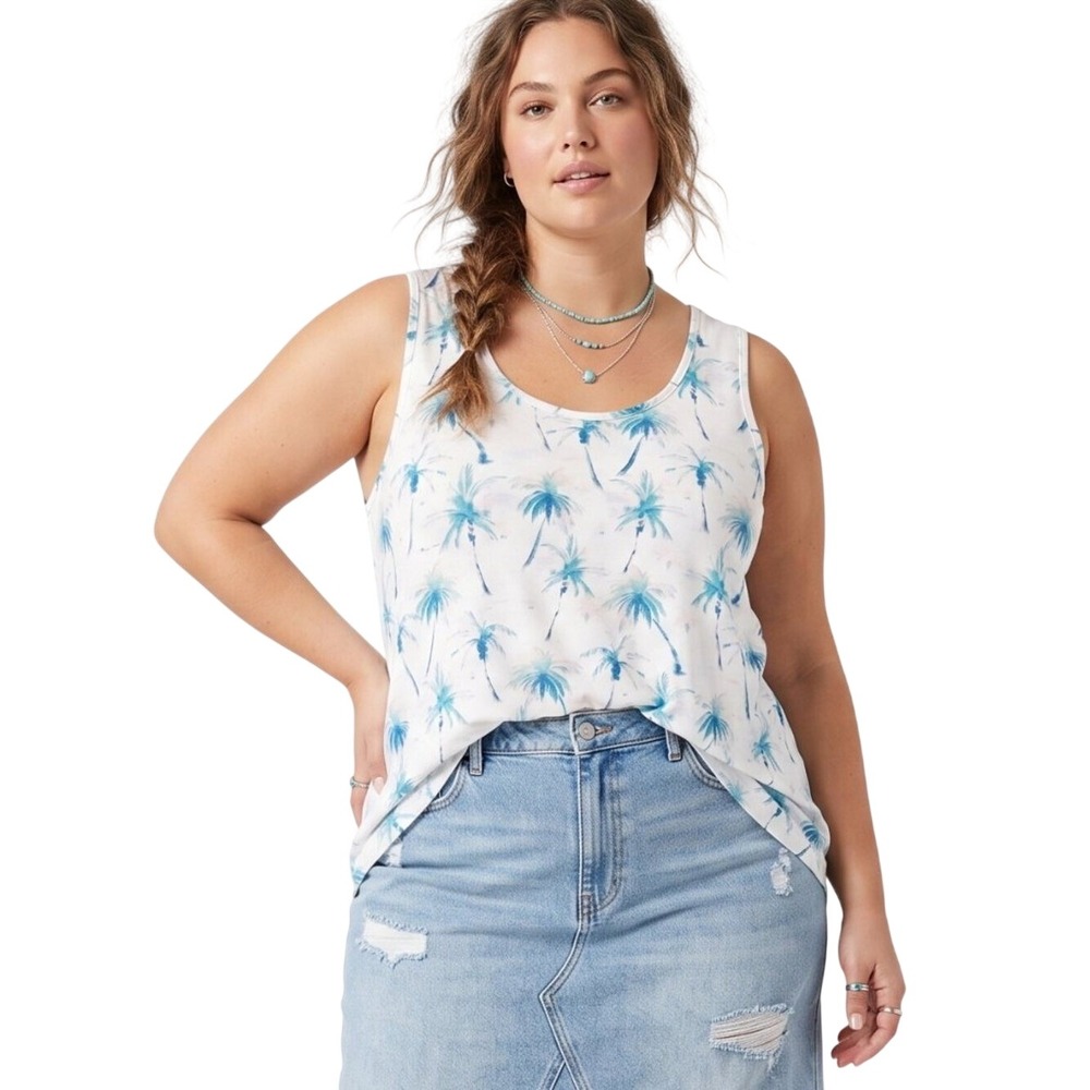 ANTIBES BLANC 2X Watercolor Palm Tree High Low Tunic Tank Top Coastal Resortwear